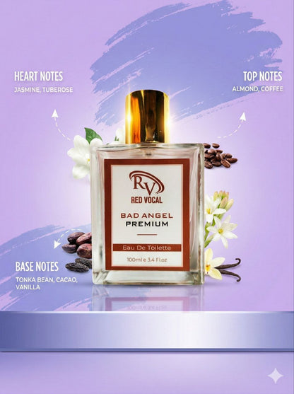 Perfume bottle labeled 'Red Vocal' with floral and coffee bean elements on a purple backgroundRed Vocal Wild Rock Premium For Men & Bad Angel Premium Perfume Set For Women | Long-Lasting Eau De Toilette | 2 x 100ml