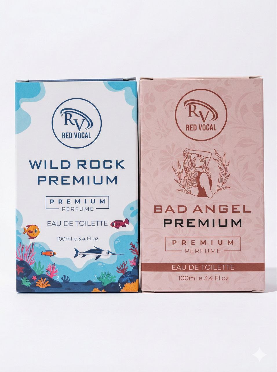 Two perfume boxes from Red Vocal on a white background Red Vocal Wild Rock Premium For Men & Bad Angel Premium Perfume Set For Women | Long-Lasting Eau De Toilette | 2 x 100ml