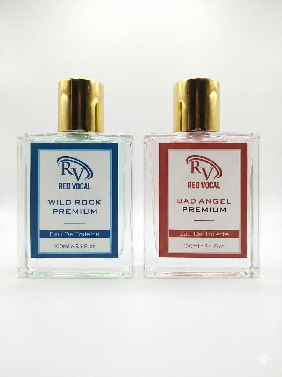 Two perfume bottles labeled 'Wild Rock Premium' and 'Bad Angel Premium' by Red Vocal on a white background. Red Vocal Wild Rock Premium For Men & Bad Angel Premium Perfume Set For Women | Long-Lasting Eau De Toilette | 2 x 100ml