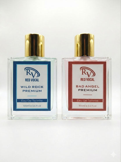 Two perfume bottles labeled 'Wild Rock Premium' and 'Bad Angel Premium' by Red Vocal on a white background. Red Vocal Wild Rock Premium For Men & Bad Angel Premium Perfume Set For Women | Long-Lasting Eau De Toilette | 2 x 100ml