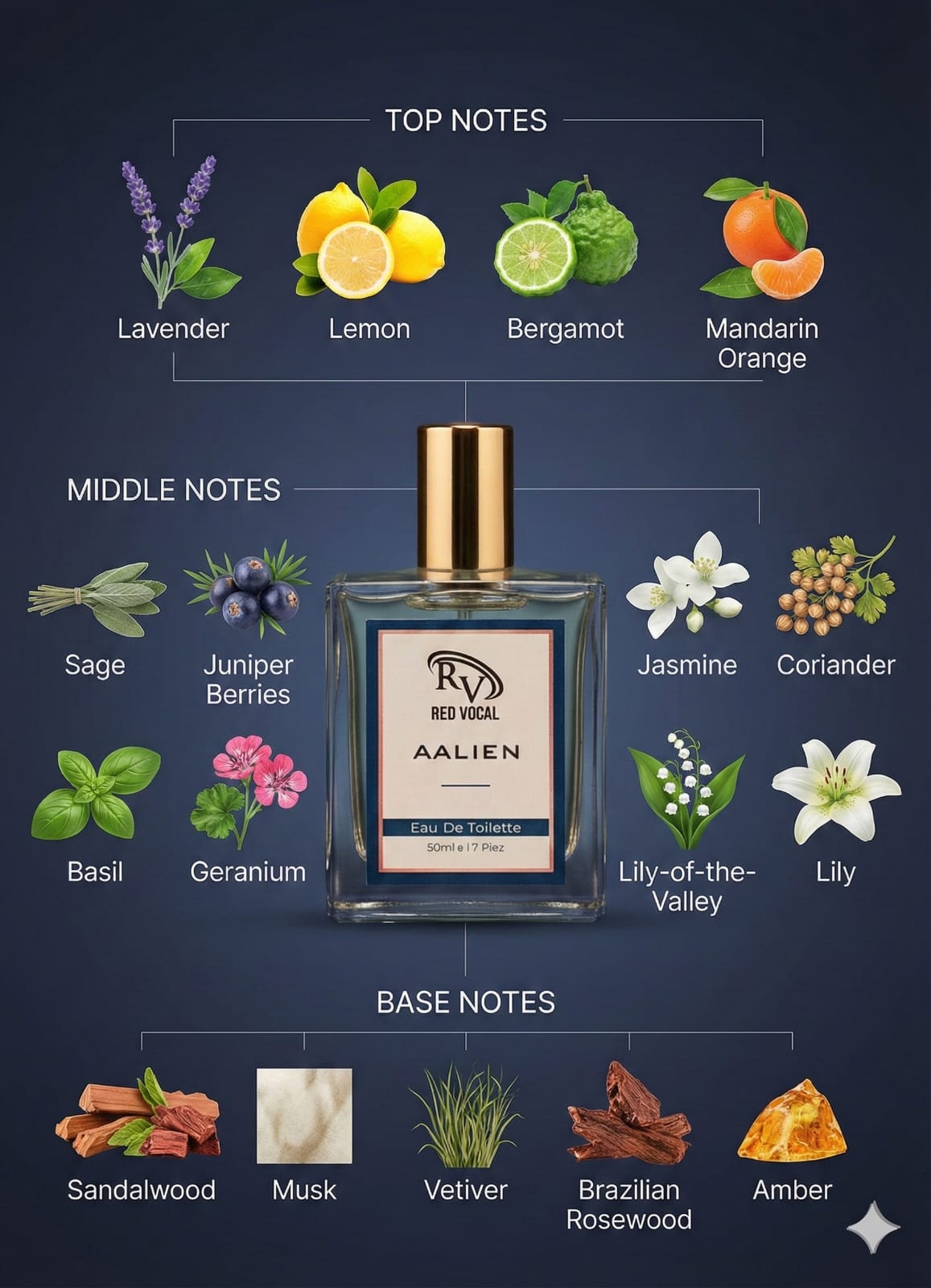 Perfume bottle labeled 'Aalien' with top, middle, and base notes displayed on a dark background Red Vocal Aalien Premium Perfume Eau De Toilette 50ml – Long Lasting Unisex with Woody Amber Notes