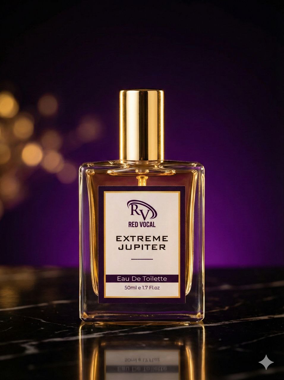 Perfume bottle labeled 'Extreme Jupiter' by Red Vocal on a reflective surface with a blurred purple background. Red Vocal Extreme Jupiter Premium Perfume Eau De Toilette 50ml – Long Lasting Women's Fragrance