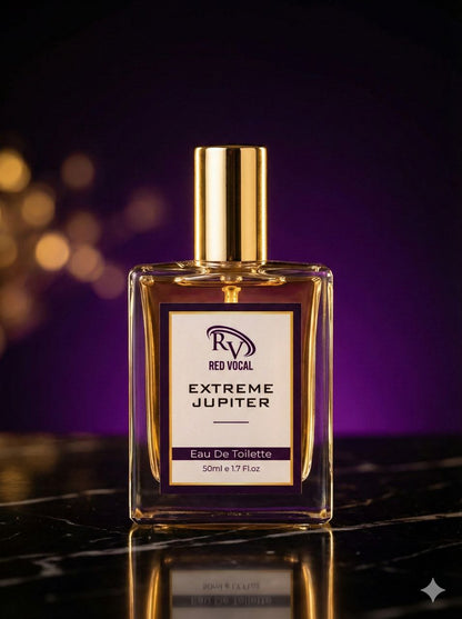 Perfume bottle labeled 'Extreme Jupiter' by Red Vocal on a reflective surface with a blurred purple background. Red Vocal Extreme Jupiter Premium Perfume Eau De Toilette 50ml – Long Lasting Women's Fragrance