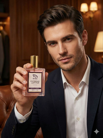 Man holding a perfume bottle in an elegant interior setting Red Vocal Extreme Jupiter Premium Perfume Eau De Toilette 50ml – Long Lasting Women's Fragrance