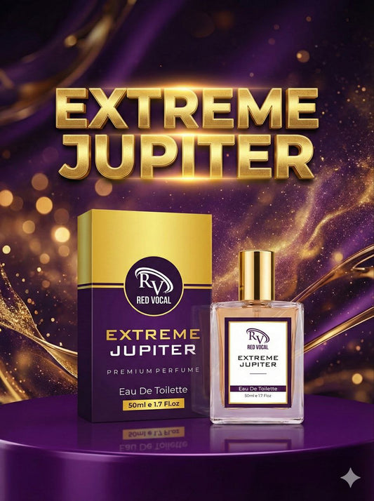 Extreme Jupiter perfume bottle and packaging on a purple and gold background Red Vocal Extreme Jupiter Premium Perfume Eau De Toilette 50ml – Long Lasting Women's Fragrance
