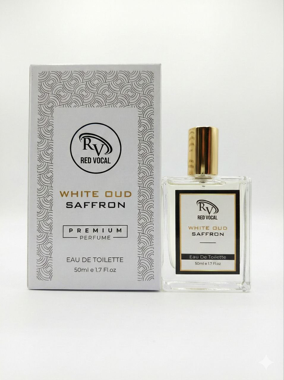 White Oud Saffron perfume bottle and packaging with 'Red Vocal' branding on a white background Red Vocal White Oud Saffron Premium Perfume Eau De Toilette 50ml –  Luxury Fragrance For Unisex