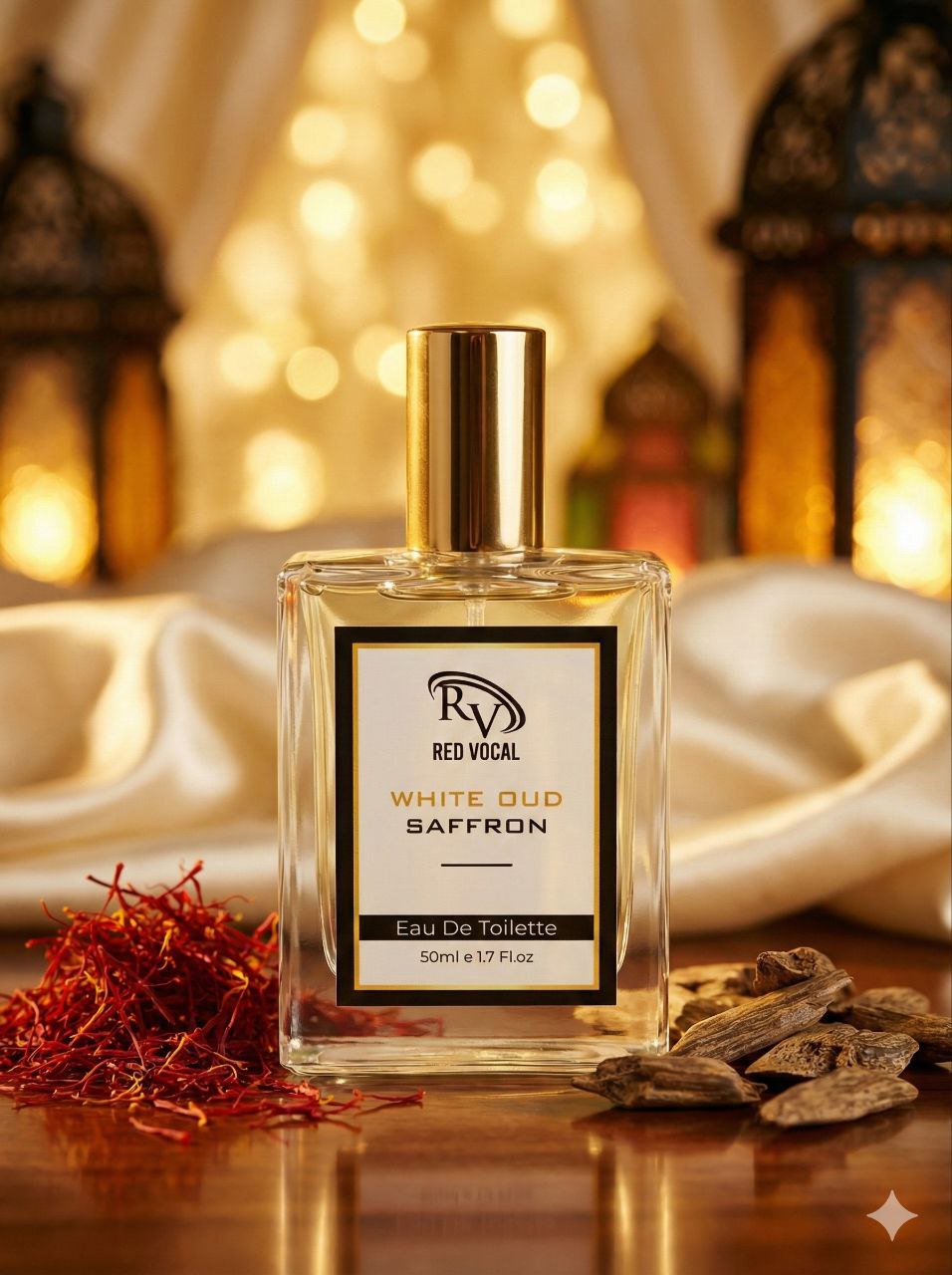 Red Vocal White Oud Saffron perfume bottle with saffron threads on a warm-toned background Red Vocal White Oud Saffron Premium Perfume Eau De Toilette 50ml –  Luxury Fragrance For Unisex