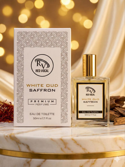 Red Vocal White Oud Saffron perfume bottle and packaging on a marble surface with a blurred golden background Red Vocal White Oud Saffron Premium Perfume Eau De Toilette 50ml –  Luxury Fragrance For Unisex