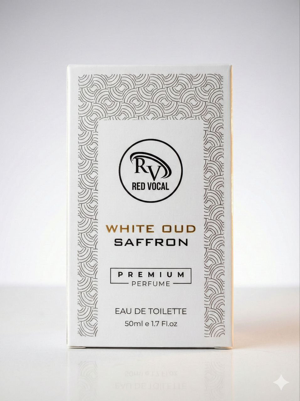 Perfume box labeled 'White Oud Saffron' by Red Vocal on a light gray background Red Vocal White Oud Saffron Premium Perfume Eau De Toilette 50ml –  Luxury Fragrance For Unisex
