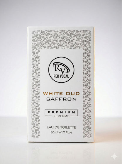 Perfume box labeled 'White Oud Saffron' by Red Vocal on a light gray background Red Vocal White Oud Saffron Premium Perfume Eau De Toilette 50ml –  Luxury Fragrance For Unisex