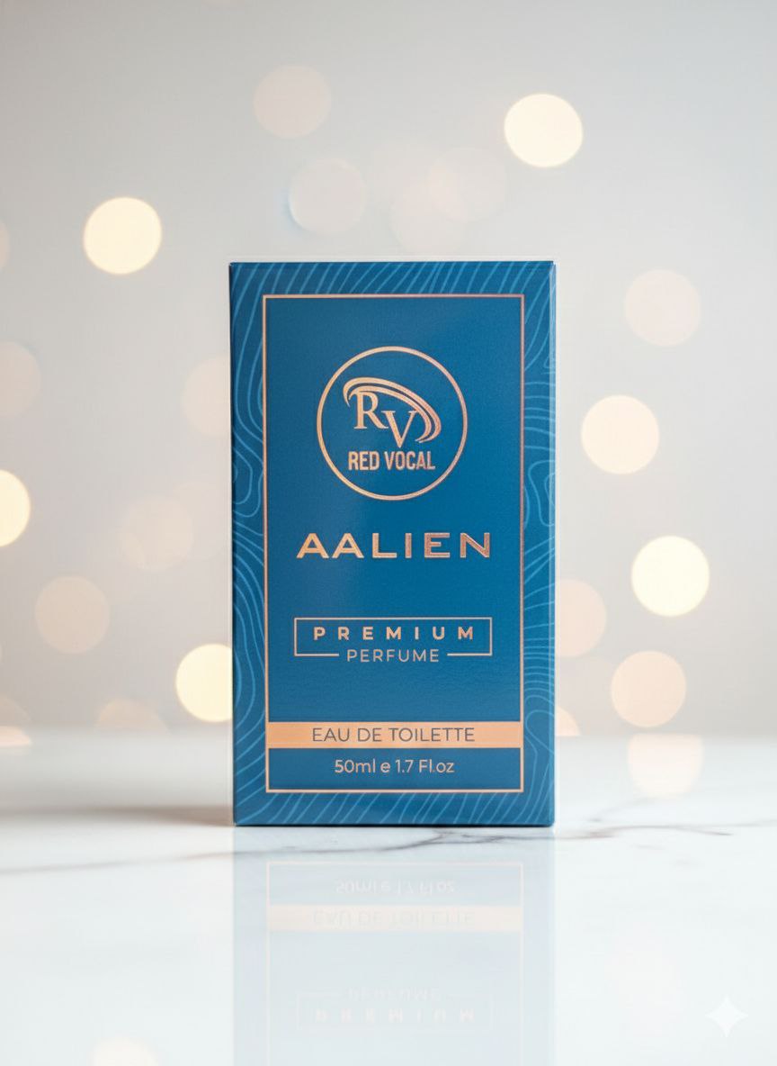Blue perfume box labeled 'Aalien' by Red Vocal on a white background with blurred lights.Red Vocal Aalien Premium Perfume Eau De Toilette 50ml – Long Lasting Unisex with Woody Amber Notes