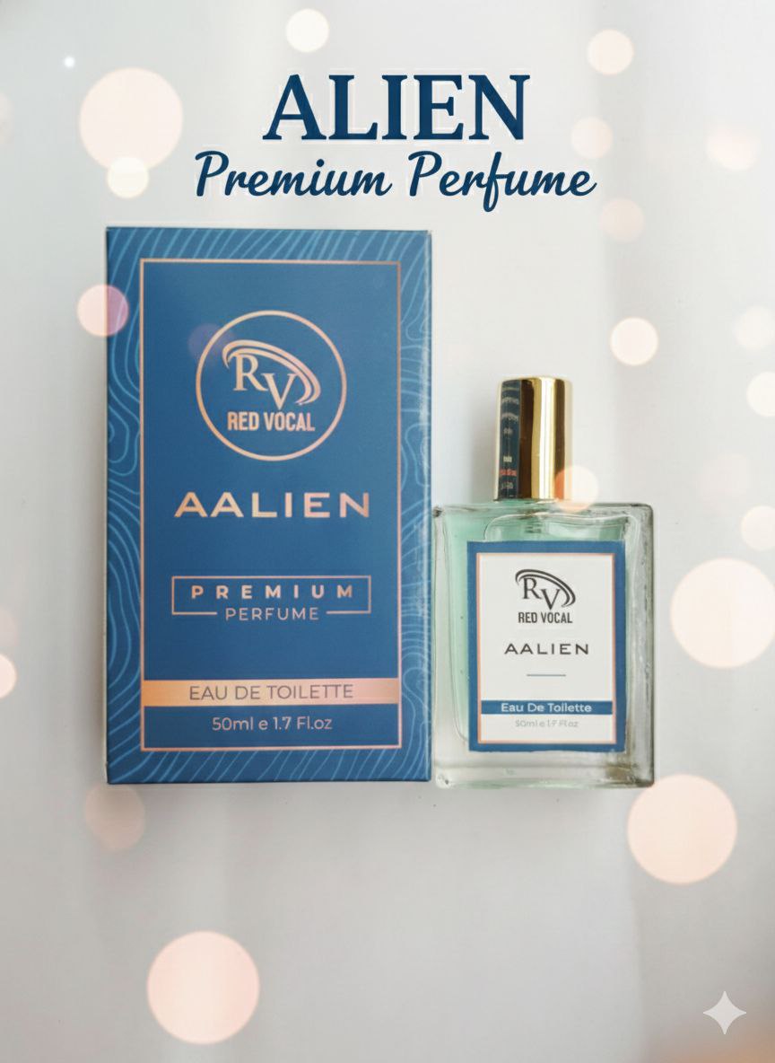 Red Vocal Aalien premium perfume bottle and packaging on a light background Red Vocal Aalien Premium Perfume Eau De Toilette 50ml – Long Lasting Unisex with Woody Amber Notes