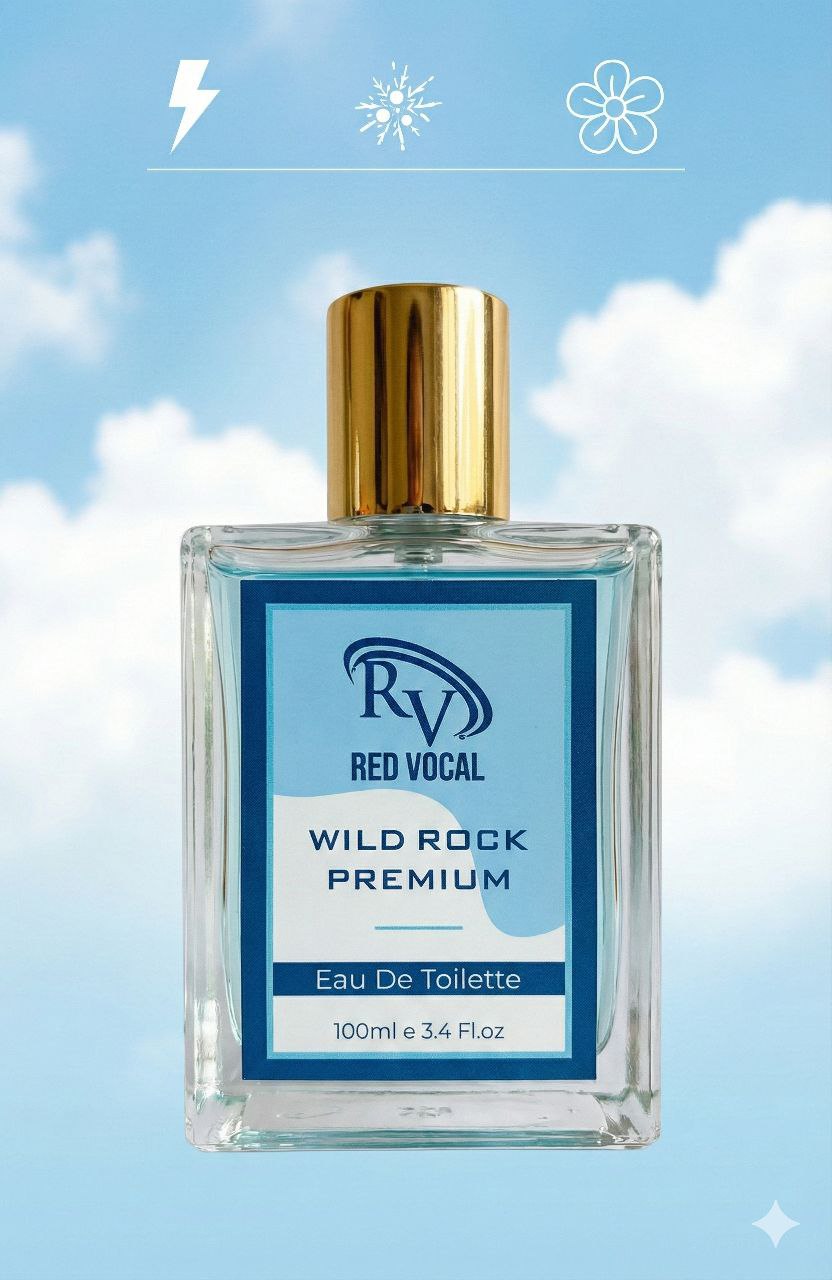 Perfume bottle labeled 'Red Vocal Wild Rock Premium' against a blue sky background Red Vocal Wild Rock Premium Perfume Eau De Toilette for Men – 100ml Bold, Fresh & Long-Lasting Fragrance