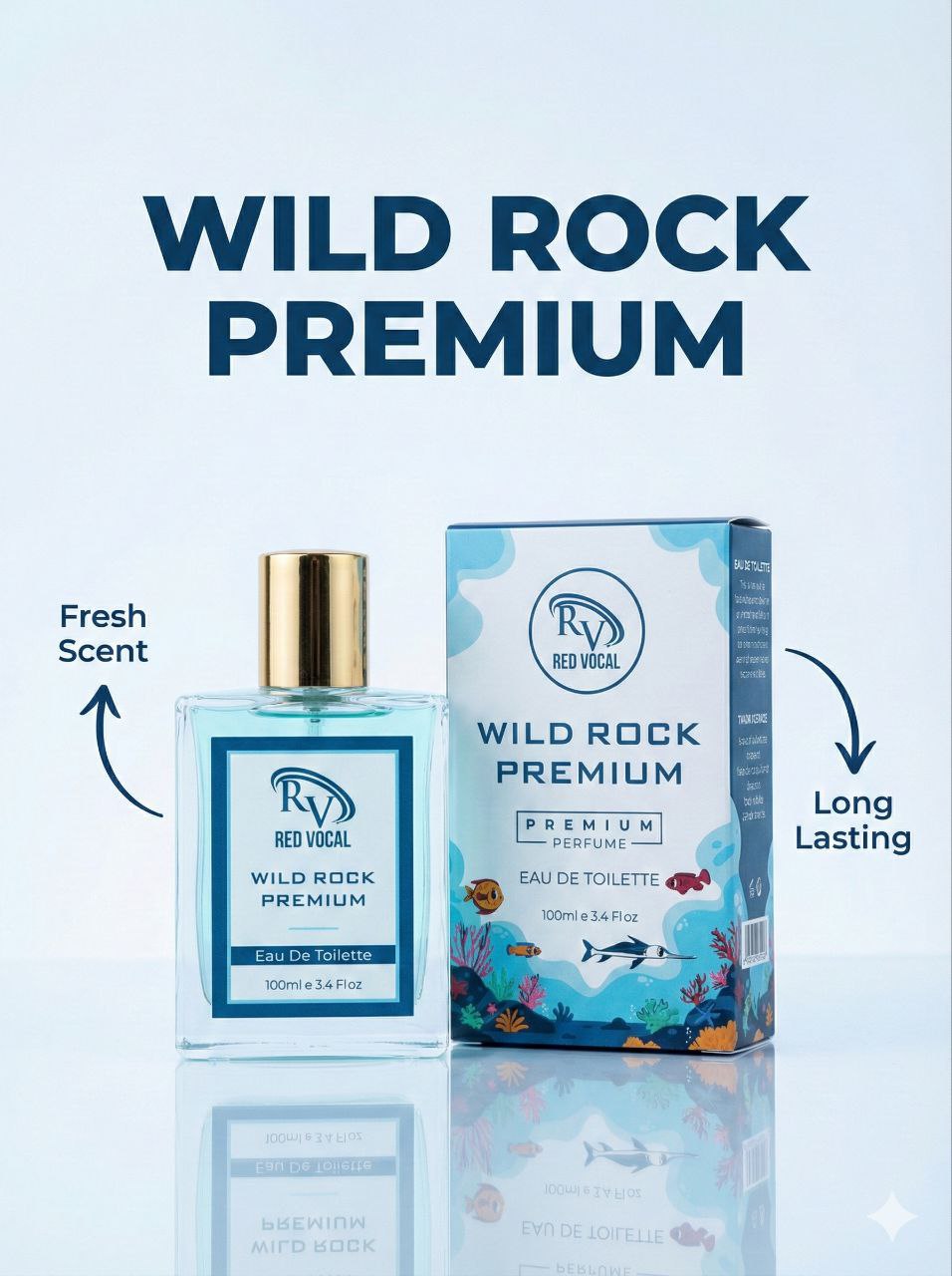 Wild Rock Premium perfume bottle and packaging on a light blue background Red Vocal Wild Rock Premium Perfume Eau De Toilette for Men – 100ml Bold, Fresh & Long-Lasting Fragrance