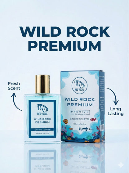 Wild Rock Premium perfume bottle and packaging on a light blue background Red Vocal Wild Rock Premium Perfume Eau De Toilette for Men – 100ml Bold, Fresh & Long-Lasting Fragrance