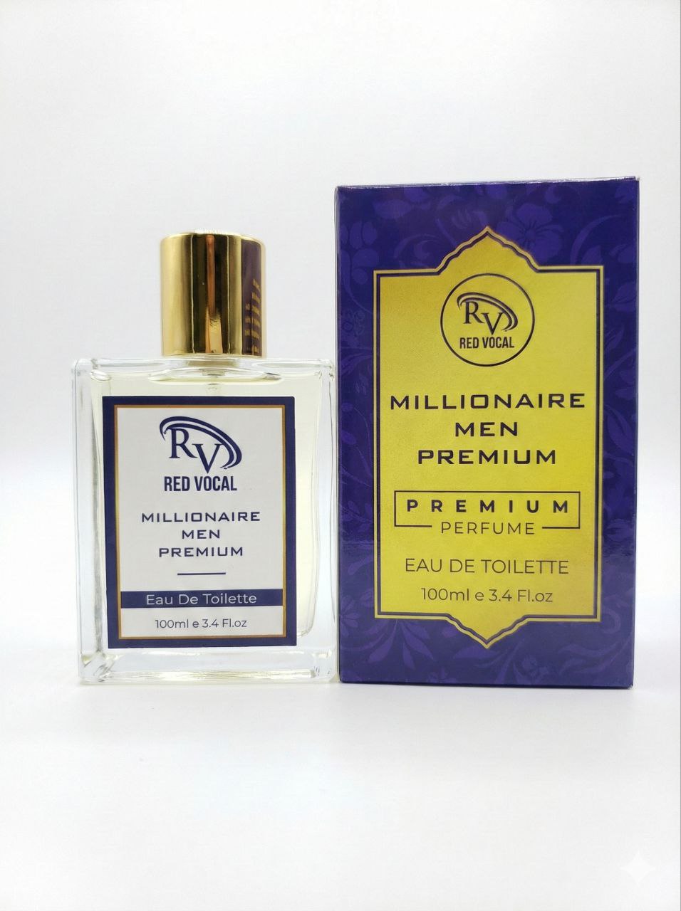 Perfume bottle and packaging of Red Vocal Millionaire Men Premium perfume on a white background Millionaire Men Premium Perfume Eau De Toilette – Long-Lasting 100ml Bold & Luxurious Fragrance