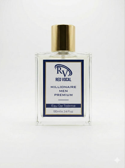 Perfume bottle with gold cap and clear label on a white background Millionaire Men Premium Perfume Eau De Toilette – Long-Lasting 100ml Bold & Luxurious Fragrance
