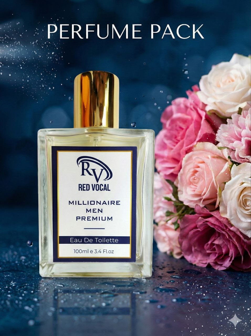 Perfume pack with a bottle labeled 'Red Vocal Millionaire Men Premium' next to pink and white roses on a dark background. Millionaire Men Premium Perfume Eau De Toilette – Long-Lasting 100ml Bold & Luxurious Fragrance