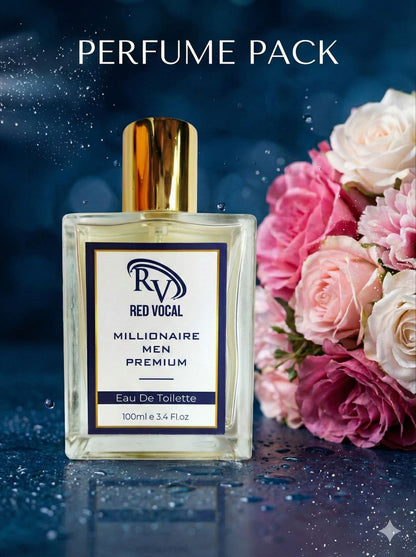 Perfume pack with a bottle labeled 'Red Vocal Millionaire Men Premium' next to pink and white roses on a dark background. Millionaire Men Premium Perfume Eau De Toilette – Long-Lasting 100ml Bold & Luxurious Fragrance
