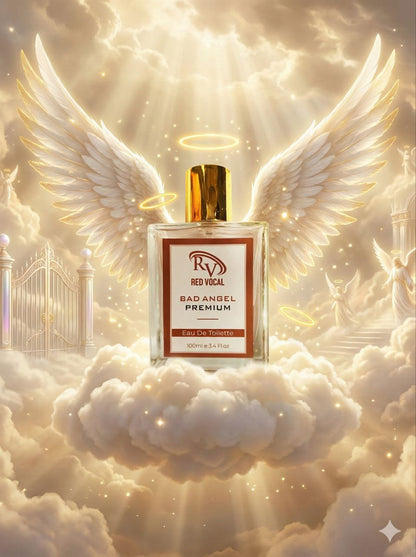 Perfume bottle labeled 'Bad Angel Premium' with angel wings and halo on a cloud background Red Vocal Bad Angel Premium Perfume Eau De Toilette for Women – 100ml Sweet, Sensual & Long-Lasting Fragrance
