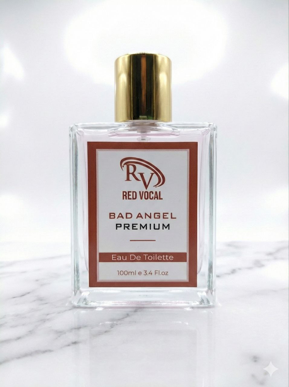 Perfume bottle labeled 'Red Vocal Bad Angel Premium' on a marble surface. Red Vocal Bad Angel Premium Perfume Eau De Toilette for Women – 100ml Sweet, Sensual & Long-Lasting Fragrance