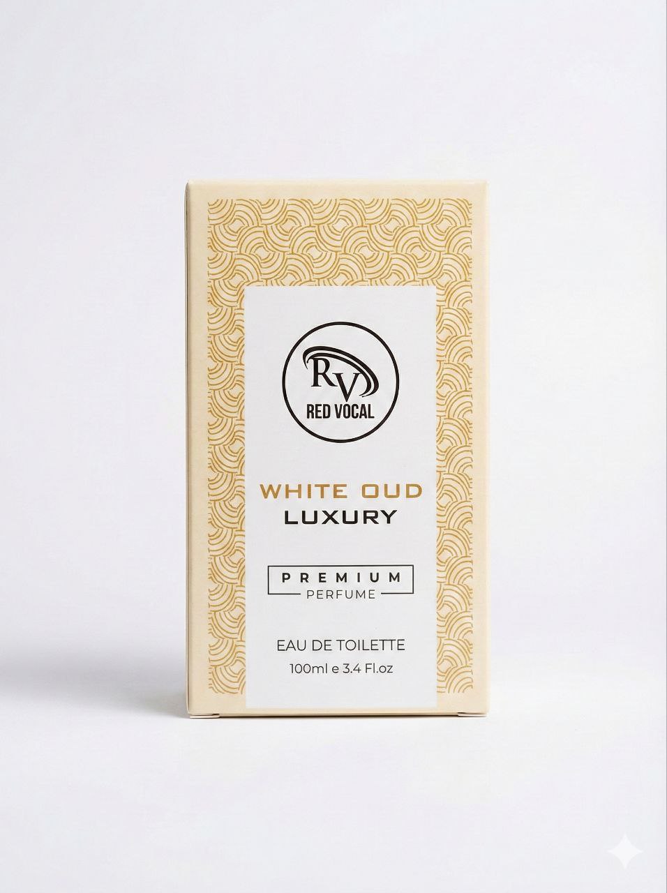 White Oud Luxury perfume packaging with gold patterns on a white background Red Vocal White Oud Luxury Premium Perfume Eau De Toilette – Unisex 100ml Bold & Long-Lasting Fragrance