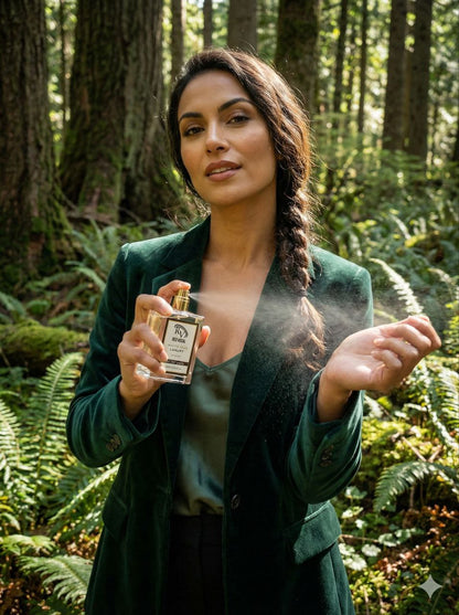 Woman in a forest holding a perfume bottle, with a focus on nature and fragrance. Red Vocal White Oud Luxury Premium Perfume Eau De Toilette – Unisex 100ml Bold & Long-Lasting Fragrance