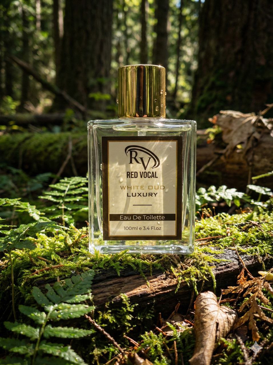 Perfume bottle labeled 'Red Vocal' on a log in a forest setting Red Vocal White Oud Luxury Premium Perfume Eau De Toilette – Unisex 100ml Bold & Long-Lasting Fragrance