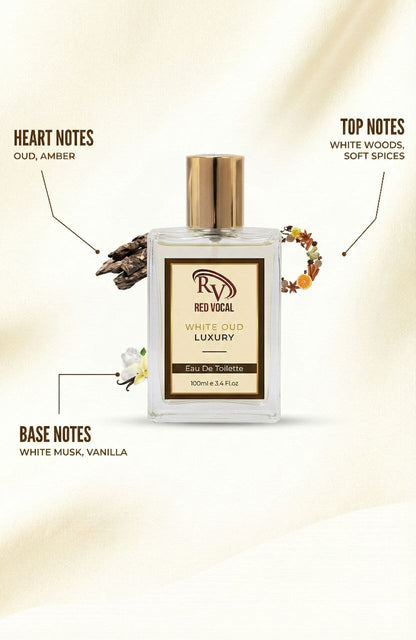 Perfume bottle with notes labeled on a beige background Red Vocal White Oud Luxury Premium Perfume Eau De Toilette – Unisex 100ml Bold & Long-Lasting Fragrance
