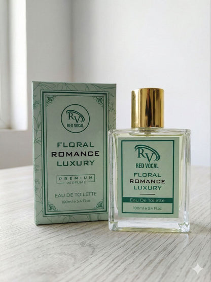 Perfume bottle and packaging of 'Floral Romance Luxury' by Red Vocal on a light surface. Red Vocal Floral Romance Luxury Premium Perfume Eau De Toilette – Women’s 100ml Elegant & Long-Lasting Fragrance