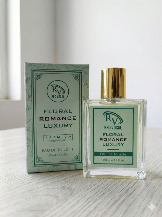 Perfume bottle and packaging of 'Floral Romance Luxury' by Red Vocal on a light surface. Red Vocal Floral Romance Luxury Premium Perfume Eau De Toilette – Women’s 100ml Elegant & Long-Lasting Fragrance